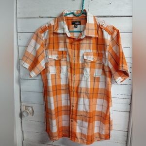 Attitude Plaid Shirt XL Orange White Short Sleeve Button Front Casual Streetwear